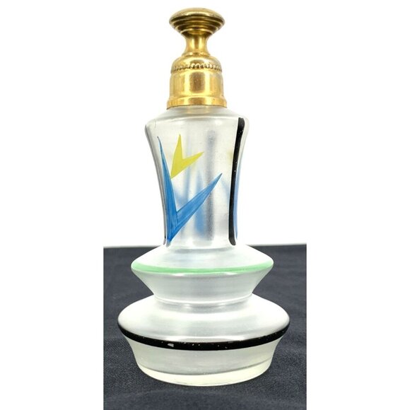 Art Deco Perfume Bottle Glass Applicator Brass Hand Painted 5" Vintage - Picture 4 of 10